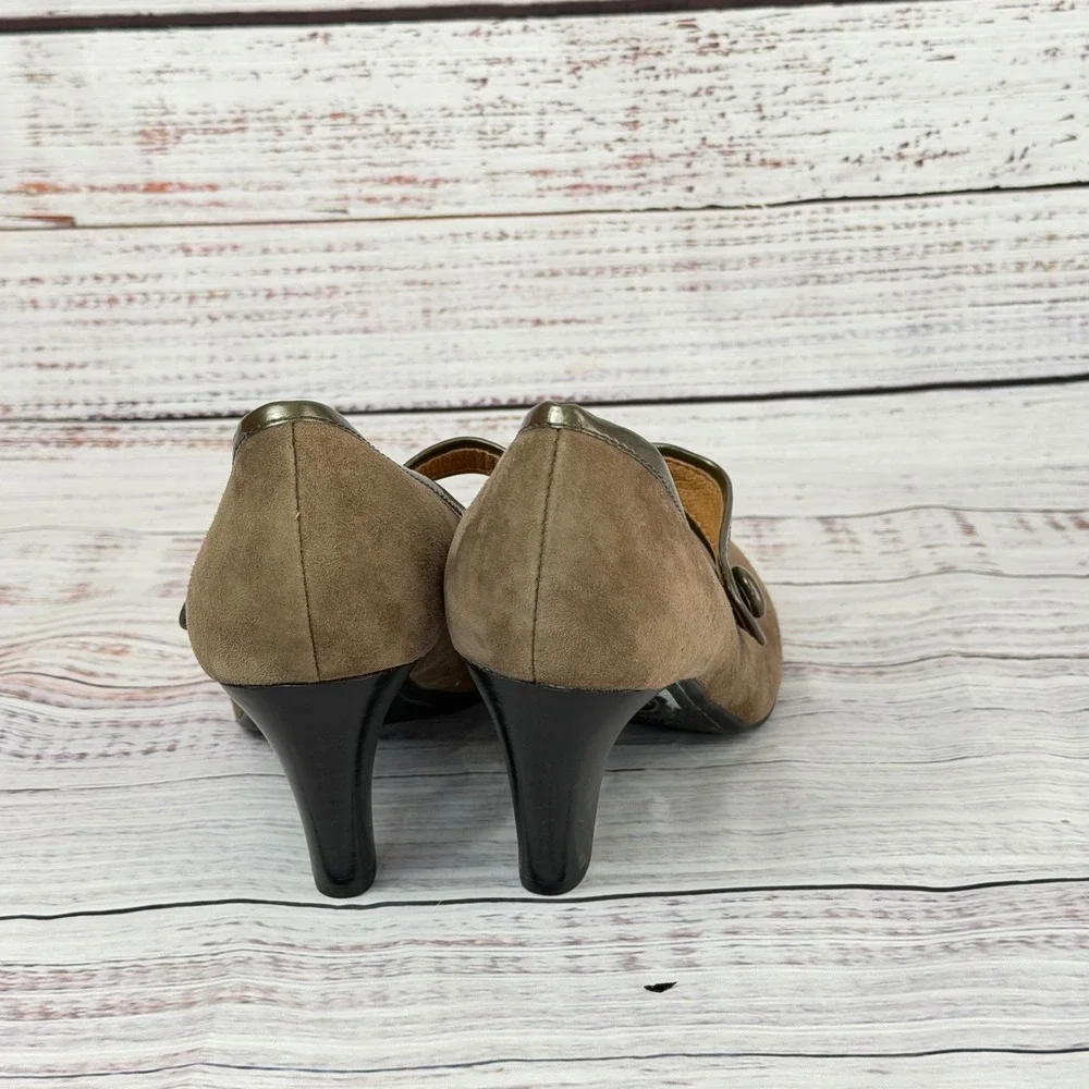 Sofft Womens Taupe‎ Suede Mary Jane Heels Metallic Trim Round Toe Pumps Size 8M